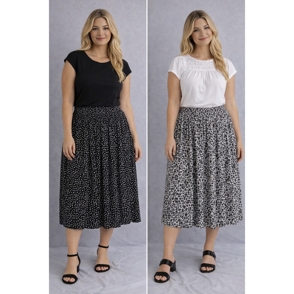 Lot of 2‎ Womens Skirts Large DNY A New Day Midi Animal Print Polka Dot Flowy
